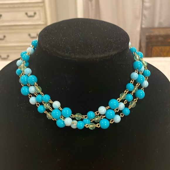 Vintage Gold Tone Turquoise Beaded Triple Layer Strand Choker Statement Necklace - Picture 1 of 3
